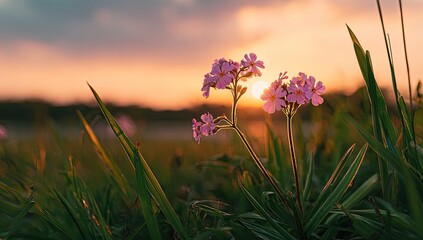 Close-up of pink wildflowers silhouetted against a golden sunset, with tall grass