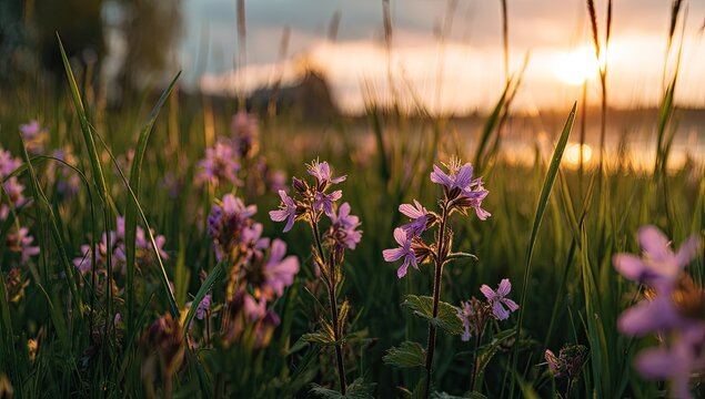 Close-up of wildflowers in tall grass, bathed in warm sunlight at dusk over a body of water