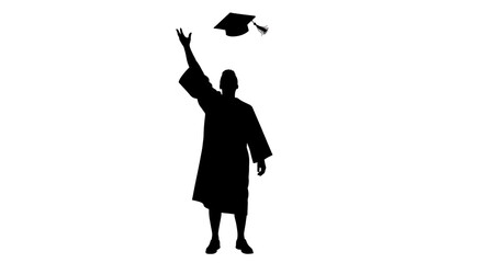 Silhouette of a triumphant graduate student celebrating academic success by joyfully throwing a mortarboard graduation cap into the air, symbolizing achievement, educational journey completion, and ne