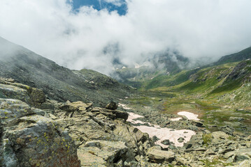 View from Passo delle Mangioire mountain pass in Graian Alps in Italy