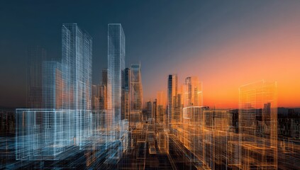 Abstract depiction of city skyline with overlapping structures and vibrant gradient sky at sunset