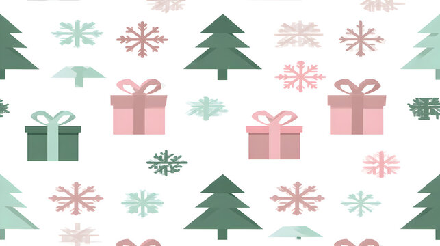 Festive Christmas Pattern with Trees Gifts and Snowflakes in Pastel Colors
