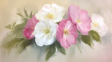 Elegant Pink and White Floral Painting, Soft Blossom Bouquet, Artistic Flower Art