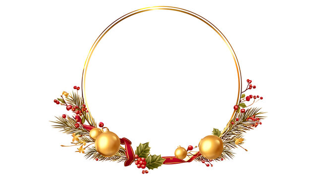 Festive Golden Wreath with Baubles Berries and Ribbon on White Background