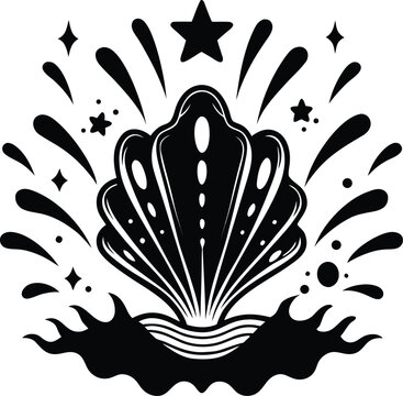 Black and White Scallop Shell with Decorative Starburst &ndash; Bold Marine Symbol in Graphic Style"