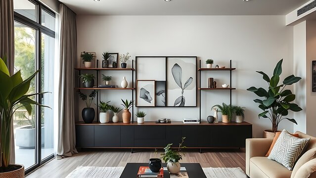 A modern living room interior with a decorative shelf of plants.