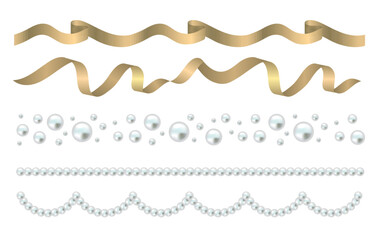 金のサテンリボンとパール・真珠のラインイラストセット