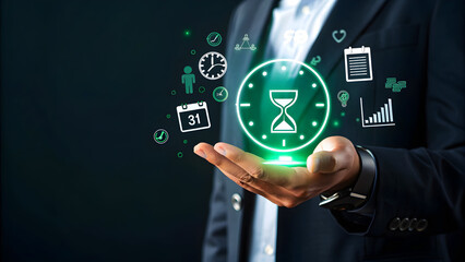 Businessman presents hourglass icon with business management icons, representing time management, planning, and effective resource allocation for success