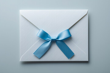 Top view of a closed empty envelope with a blue bow on a light background

