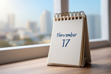 A vertical desk calendar shows the date November 17 against a window background
