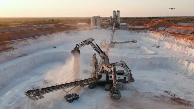 Automated digger scooping white kaolin clay from an open mineral extraction site highlighting modern ceramic resource mining technology.