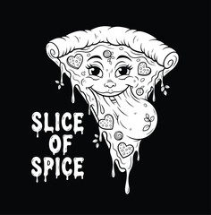 Funny Cartoon Pizza Slice Character Mascot 'Slice of Spice', Monochrome Vector for T-Shirt Design