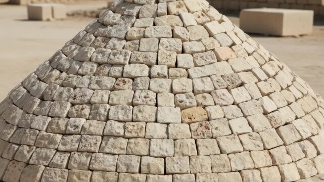 Medium shot capturing the careful stacking of small limestone pieces showing detailed texture and uniform pile formation.