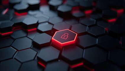 A close-up shot of dark, hexagonal tiles with a glowing red lock symbol in the center
