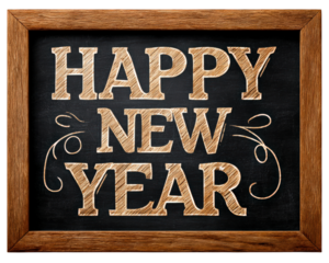 Rustic vintage chalkboard sign with wooden frame and Happy New Year message in chalk handwriting. festive greeting for holiday celebration, isolated on transparency background