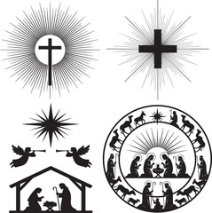 Black Silhouette Nativity Scene Elements and Religious Symbols Keywords: nativity scene, christmas
