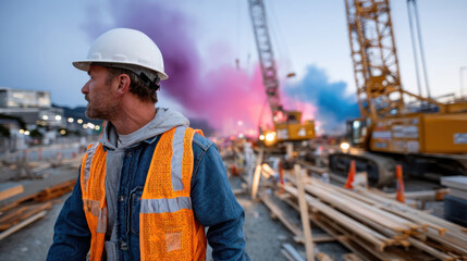 A construction worker wearing a hard hat and safety vest stands amid a vibrant scene of colorful smoke and construction machinery, evoking a sense of vibrancy in industry.