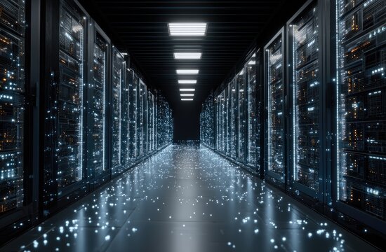 Perspective view of a modern, illuminated server room, showing rows of cabinets with data
