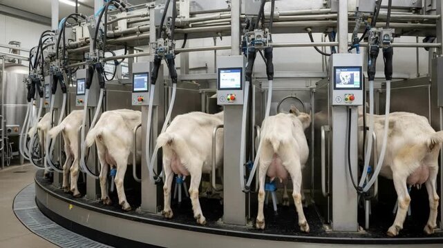Medium shot of a modern mechanical goat milking system with goats lined up showcasing streamlined equipment for efficient dairy farming.