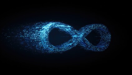 A flowing blue infinity symbol composed of digital particles against a dark background