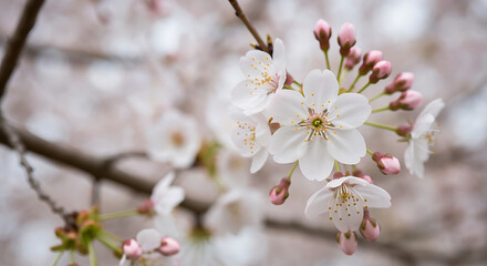 Close-up of delicate white cherry blossoms blooming on a branch with soft pink buds and golden stamens, signaling the vibrant arrival of spring and natural beauty against a blurred floral background.