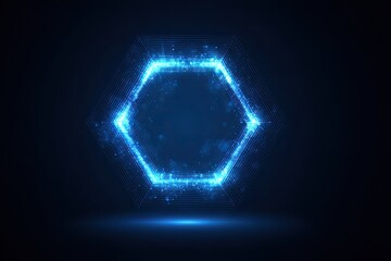 Glowing blue hexagonal frame with particles, outlined, and a dark blue background