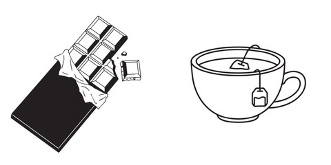 Unwrapped Chocolate Bar and Steeping Tea Cup Monochrome Illustration