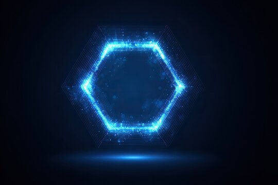 Glowing blue hexagonal frame with particles, outlined, and a dark blue background