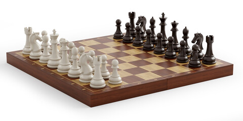 Arranged chess pieces ready to play . 3D render