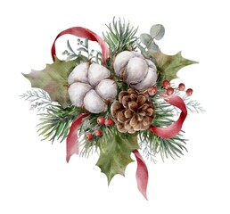 Watercolor Christmas garland with cotton flowers, fir branches, eucalyptus, fir cones and red berries. Christmas decor. Digital illustration.