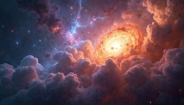 Bright cosmic explosion bursts in deep space. Glowing nebula dust, gas swirl with distant stars. Colorful clouds fill universe with intense energy, light. Massive star dies creating new cosmic