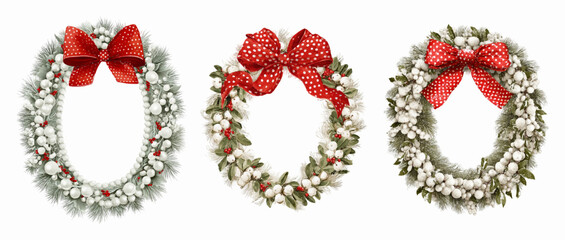 Set of vintage Christmas round wreaths. Retro wreath made of Christmas tree branches, holly berries and Christmas balls decorated with a red bow. Vintage Christmas decor elements.