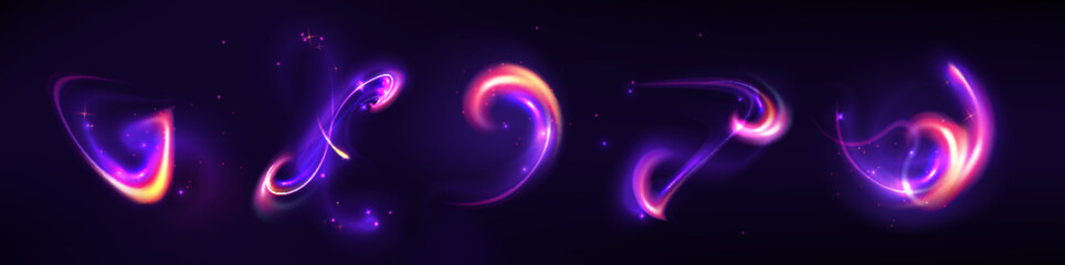Glowing magic swirls with dust and fairy sparkles for fantasy effects. Purple and pink luminous ribbons with stars and sparkles. Mystical energy trails for enchanted graphics or spell animations.