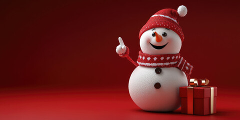 funny cheerful snowman in santa hat Christmas character with surprise face pointing finger to the side, 3d illustration, playful holiday pose, isolated on red background with copy space