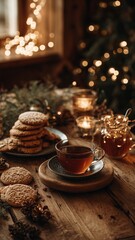 Fototapeta premium Cozy Christmas Eve Food Photography with Tea, Gingerbread, and Eco-Friendly Wooden Surface
