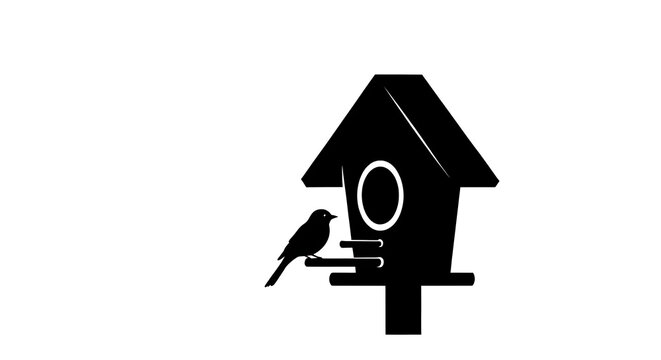 Minimalist black silhouette illustration of a birdhouse with a small bird perched on its entrance, isolated on a clean white background, conveying themes of nature, home, wildlife, shelter, and simple