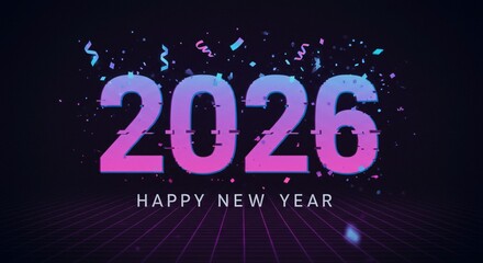 Happy New Year 2026 Celebration with Glitch Effect and Retro Futurism Design