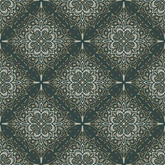 Seamless Green and Beige Mandala Pattern with Ornamental Floral Motifs