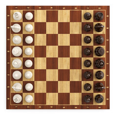Arranged chess pieces ready to play . top view .3D render