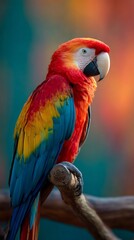 Naklejka premium Vibrant Scarlet Macaw Parrot Perched on a Branch, Showcasing Vivid Red, Yellow, and Blue Feathers. Detailed Wildlife Close-up.