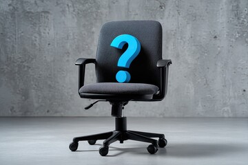 Office chair against a concrete wall, adorned with a large, blue question mark