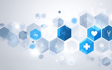 Abstract medical illustration with a network of connected blue and grey hexagonal shapes