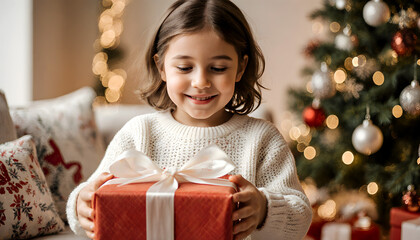 Young girl smiling while opening a gift by the Christmas tree  