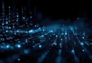 Abstract digital landscape with binary code streams and glowing blue particles