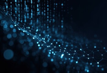 Abstract digital art of interconnected nodes and binary code in shades of blue and black