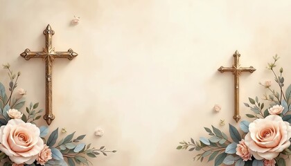 Gold crosses adorned with delicate roses, green plants on soft beige background. Ideal for religious celebrations like baptisms, confirmations, wedding invitations, conveying sense of elegance, faith.