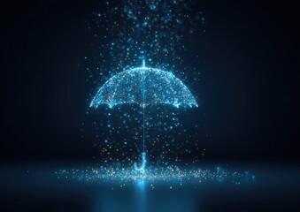 Digital illustration of an umbrella made of glowing particles protecting a pool of light