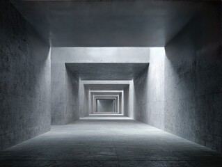 Fototapeta premium Rendered perspective of a concrete tunnel, geometric design with recessed ceiling lights
