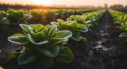 Crisp lettuce row glistening with morning dew in golden sunrise light, showcasing freshness and vibrant growth in a thriving farm field landscape