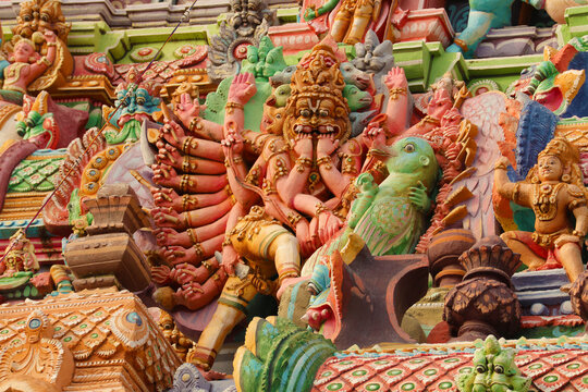 Sculpture of God Narasimha Avatar on the Gopuram Tower of Hindu Temple. Detailed Carving.